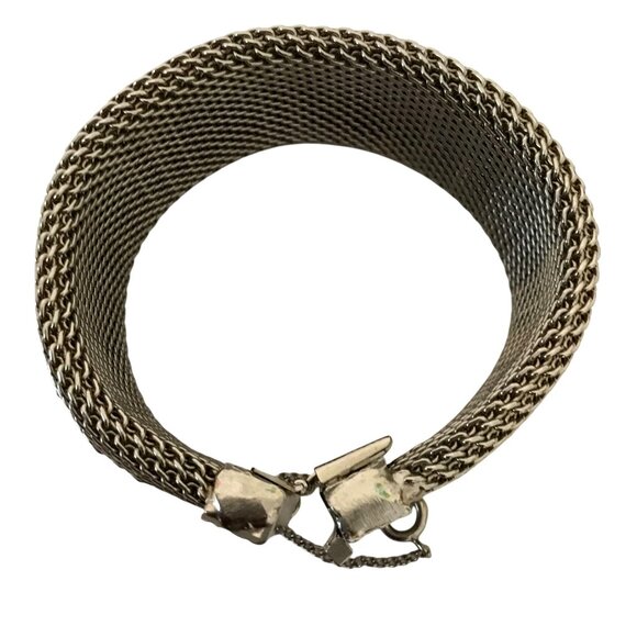 HOBE VTG Signed Wide Floral Etched Mesh Bracelet Silver Tone Statement Art Deco - Picture 5 of 11